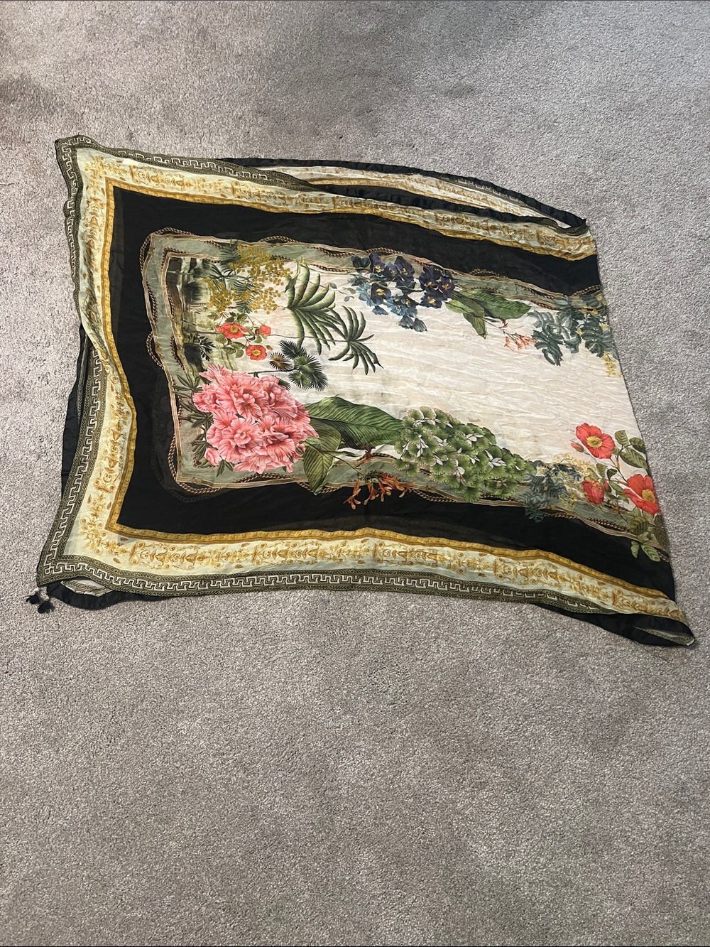 Sapphire Bemberg Floral Shawl Wrap 88” Botanical Black Gold Tassel Luxe